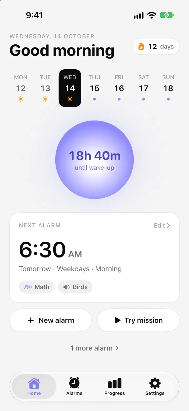 KIKU home screen with a 12-day streak and the next alarm at 6:30 AM