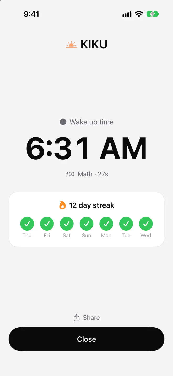 Success screen: woke up at 6:31 AM, 12-day streak